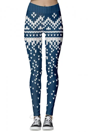 Heart Print Zigzag Christmas Leggings Blue-elleschic