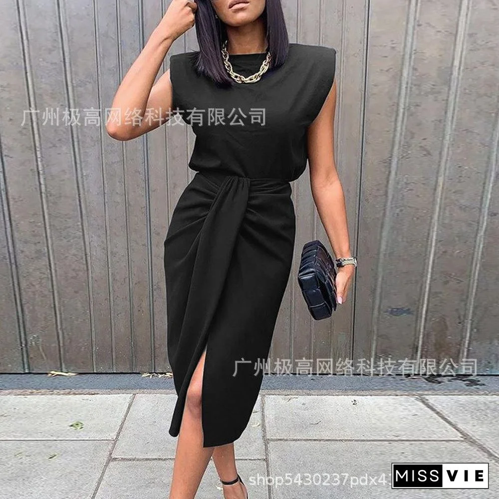 Women's Black Wide Shoulder Twisted High Slit Suit Dress