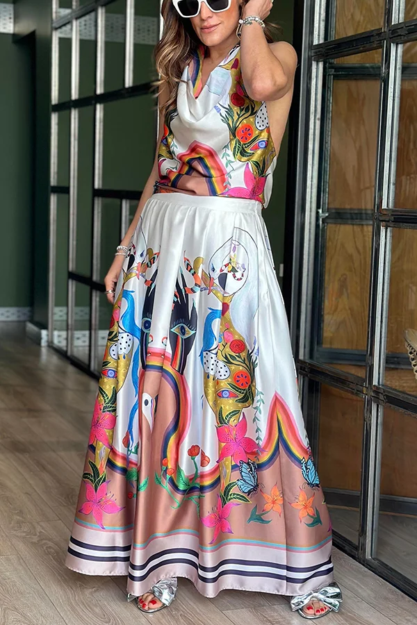 Evangeline Satin Unique Print Back Tie-up Pocket Halter Maxi Dress