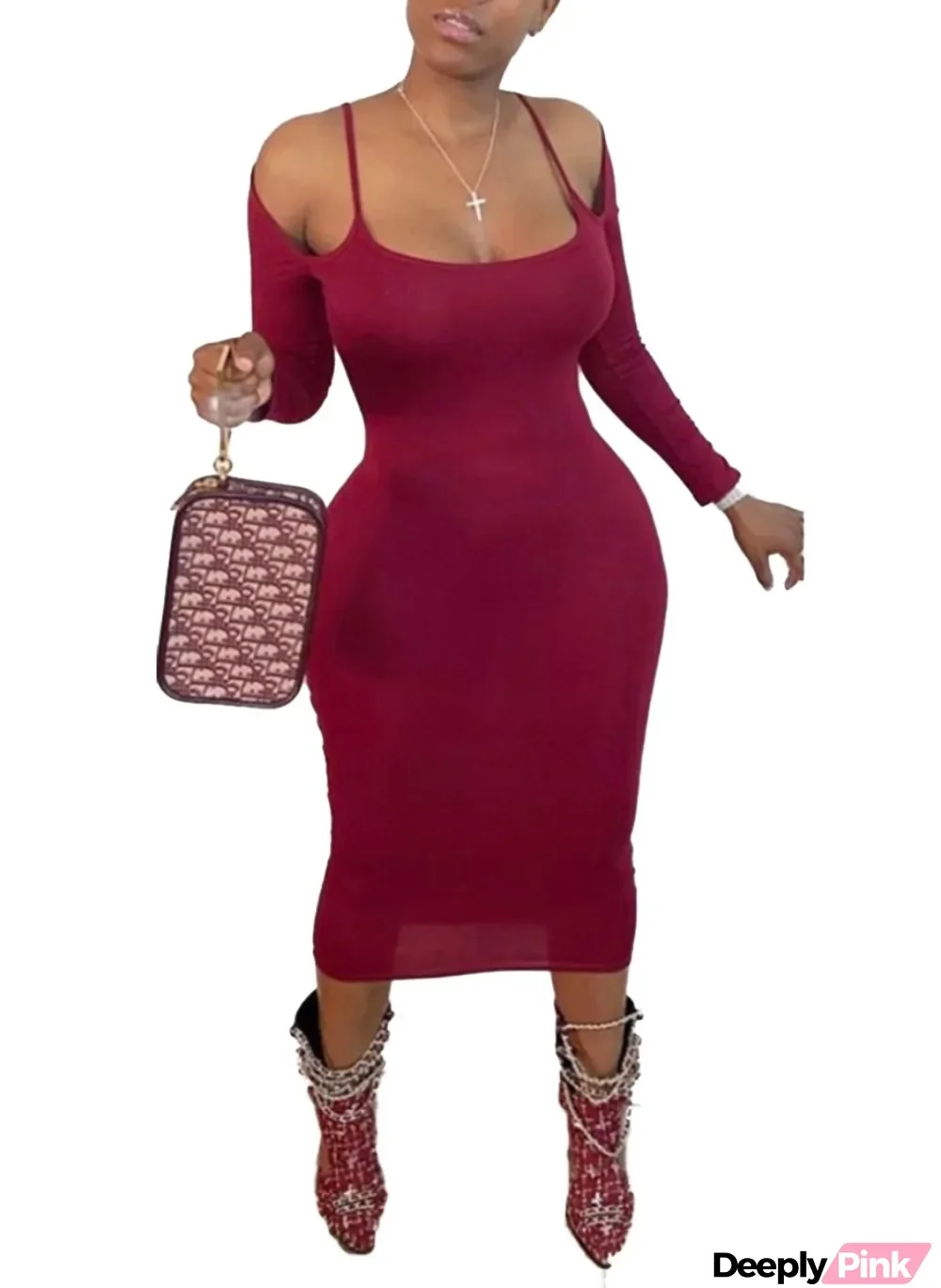 Sexy Red Strap Midi Dress with Sleeves