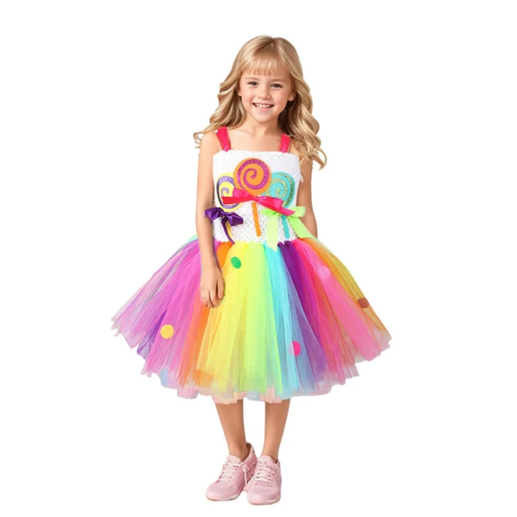 Kids Children Rainbow Candy Tutu Dress Outfits Cosplay Costume Halloween Carnival Suit