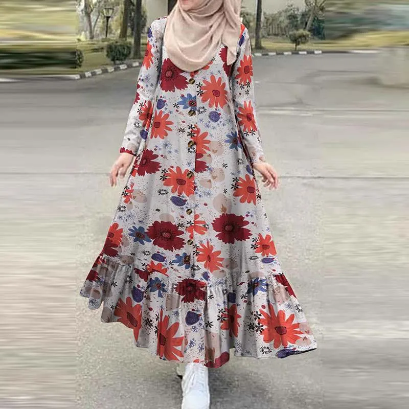 Vintage Check Muslim Dress Women's Autumn Sundress 2022 ZANZEA Casual Long Sleeve Ruffle Vestidos Female Button Printed Robe