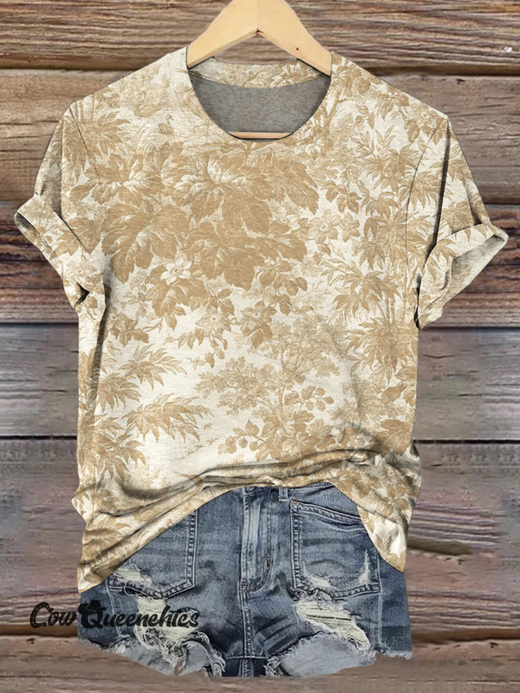 Vintage Floral Print Casual Short Sleeve Top Multicolor / S