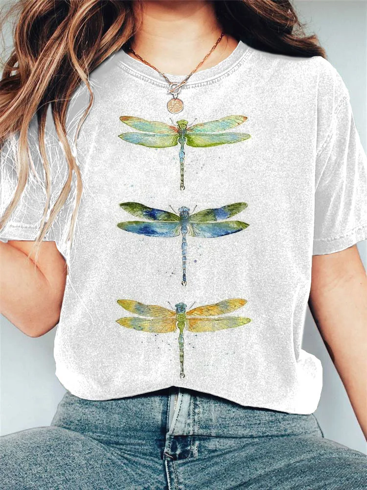 Women's Casual Watercolor Dragonfly Cotton Blend Print T-shirt