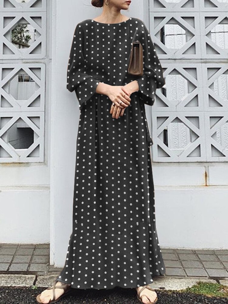 Dot Print Long Sleeve Crew Neck Maxi Dress