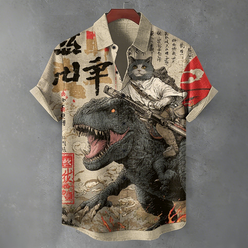 Men's Black Cat Samurai Japanese Dinosaur Print Short-sleeve Shirt  artssus