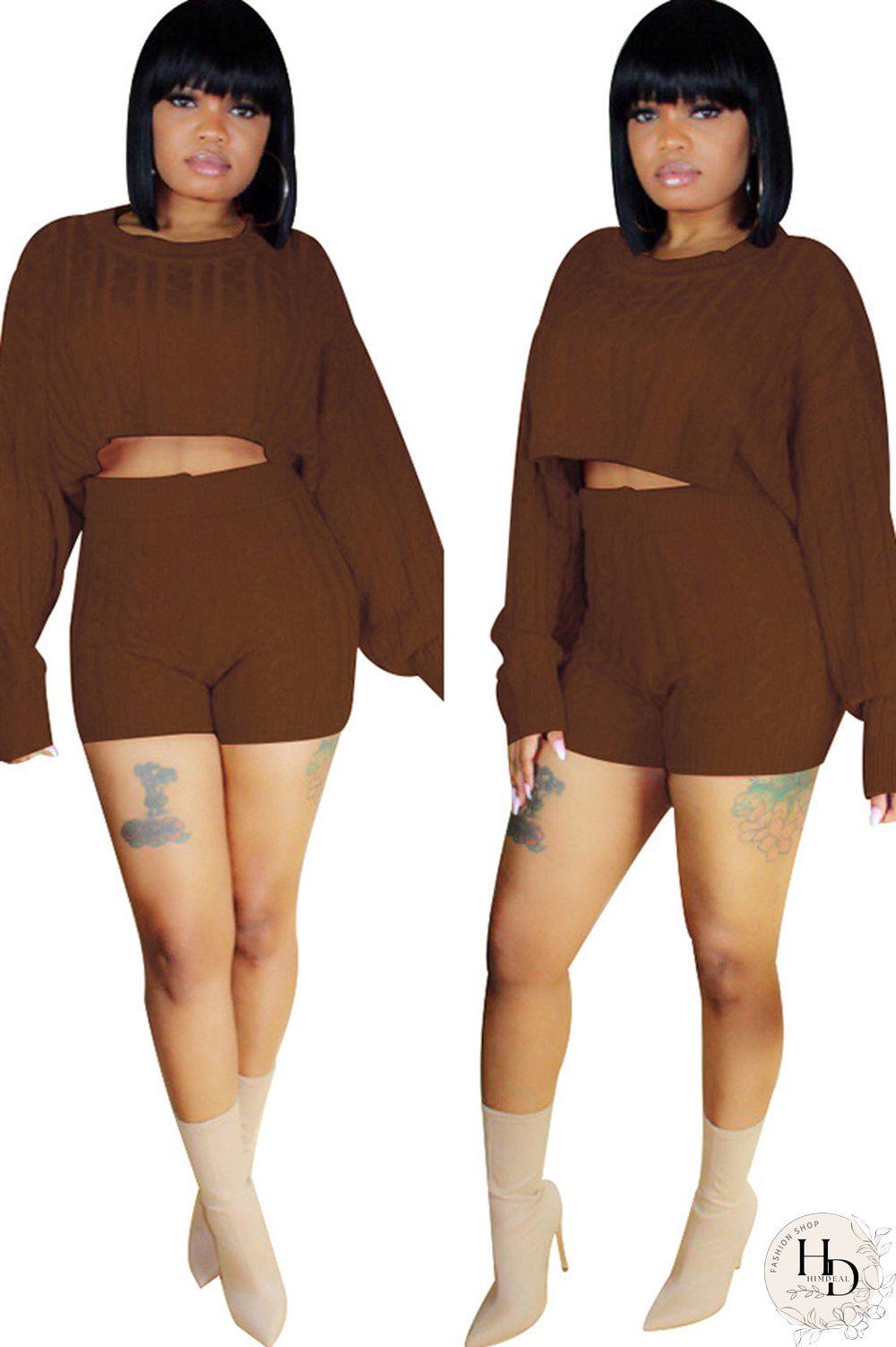 Orange Wool Europe and America Solid Two Piece Suits pencil Long Sleeve Two-Piece Short Set