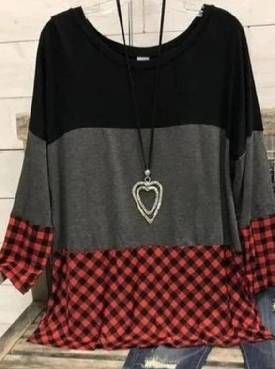 Ladies Round Neck Contrast Stitching Long-sleeved T-shirt
