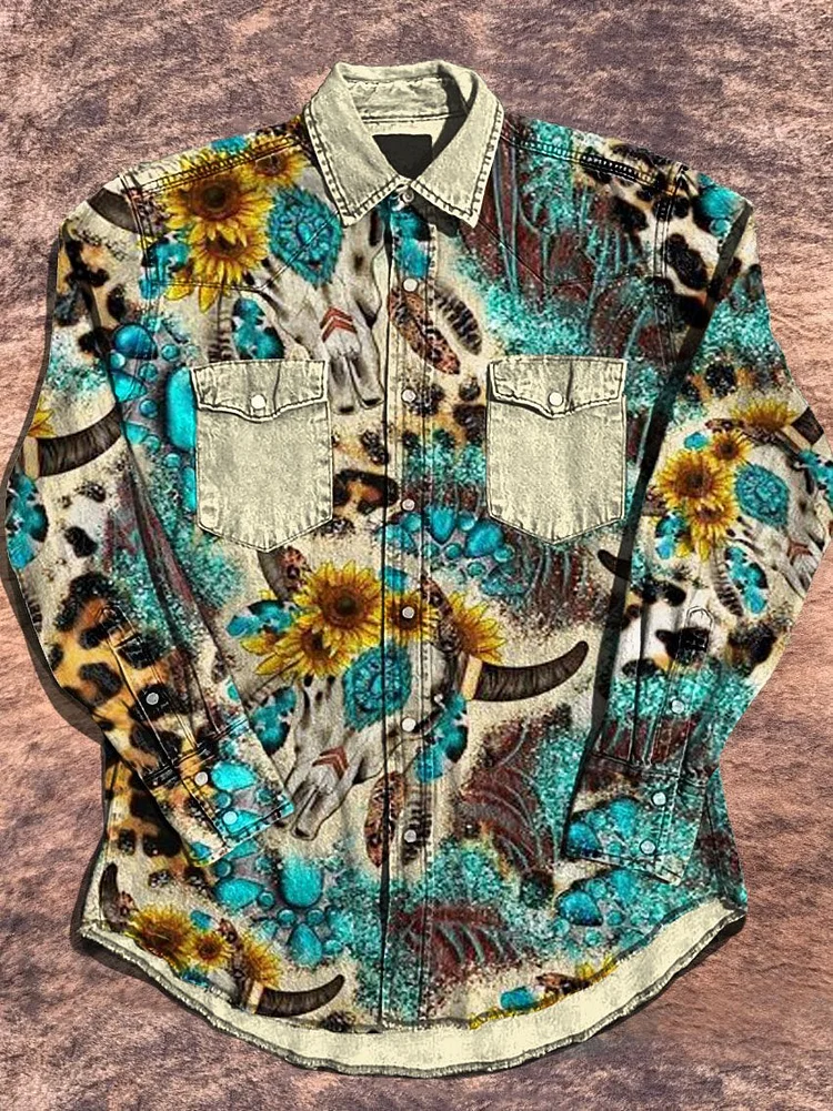 Vintage Western Leopard Ox Sunflower Art Pattern Print Casual Shirt