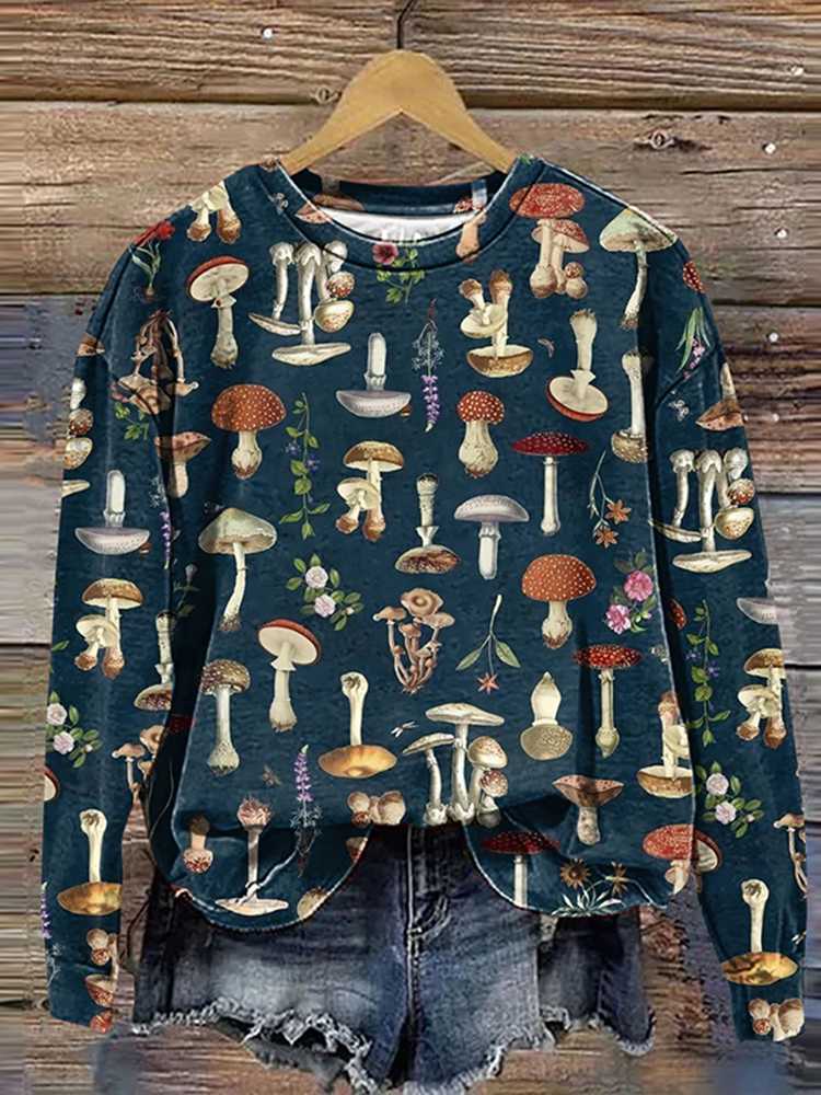 Comstylish Vintage Retro Mushroom Art Print Casual Sweatshirt