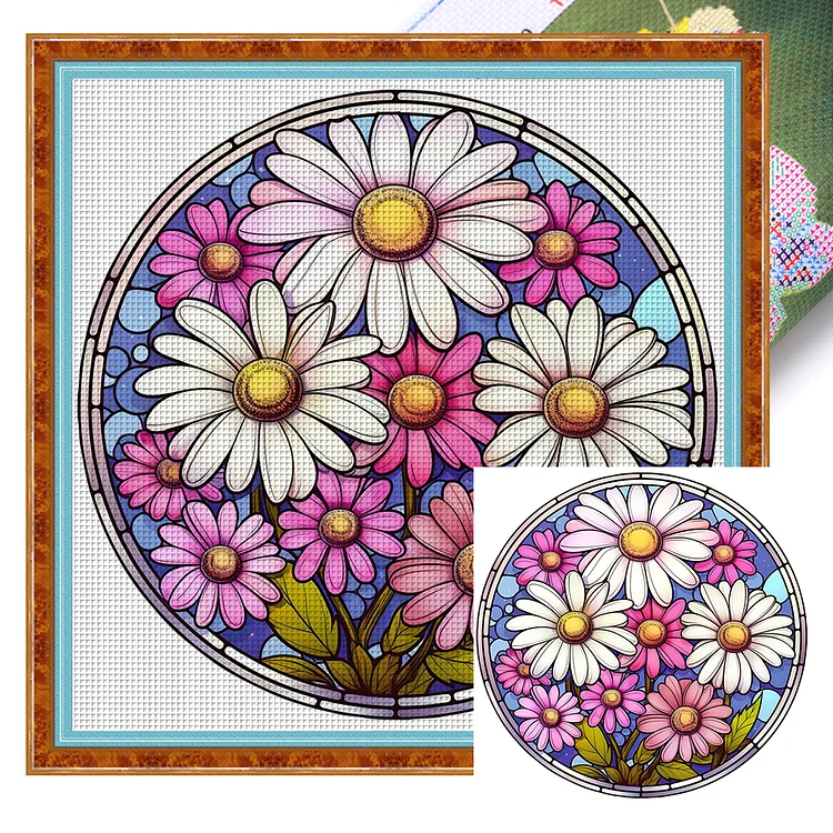 【Huacan Brand】Glass Art - Flower Daisy 18CT Stamped Cross Stitch 25*25CM