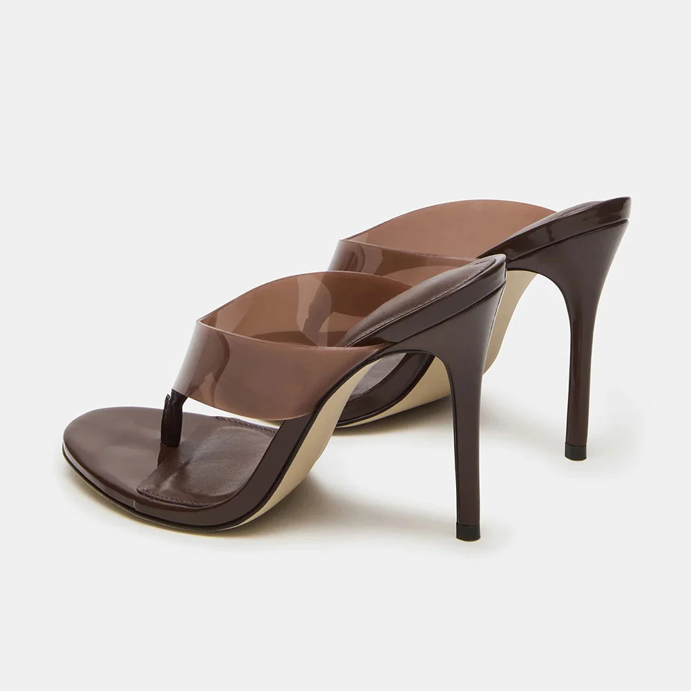 Brown Round Toe Stiletto Heel Flip Flops Clear Slip On Mules Shoes