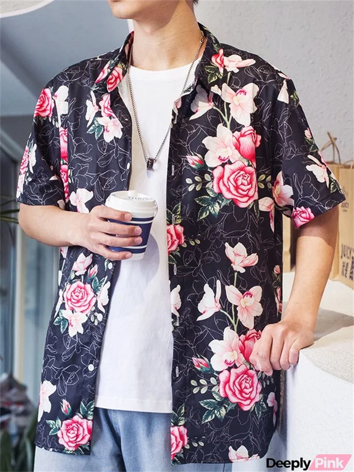 Men's Trendy Lapel Button Loose Printed Shirt for Summer