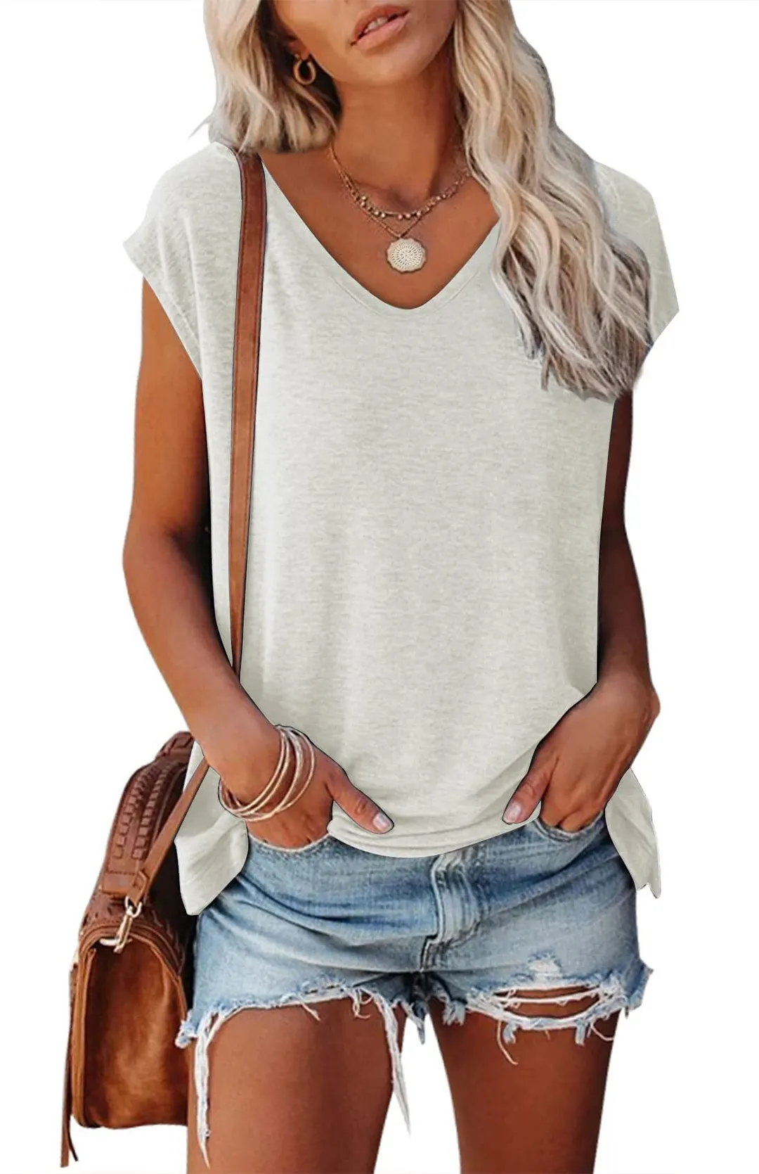 Brownm Color V-neck Cotton Blend Casual Loose Sleeveless Top Women's T-shirt