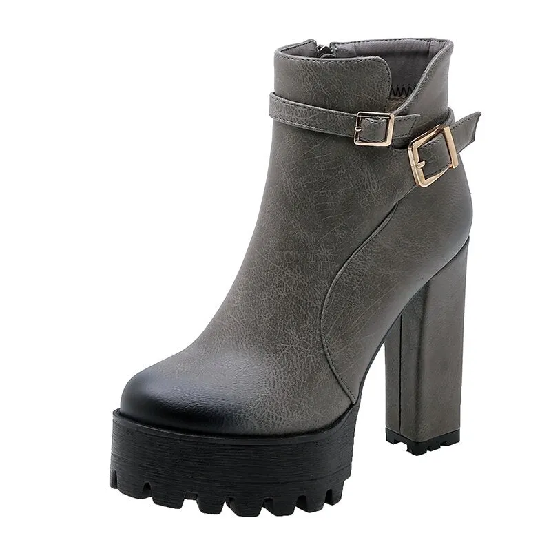 Gdgydh Spring Autumn Ladies Boots With Platform Super High Heel Ankls Boots Black Leather European Style Fashion Buckle Comfort