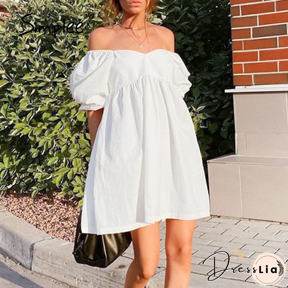 Cotton V-Neck Loose Lantern Sleeve Mini Dress Fashion Blue Summer Women A-Line Solid Retro