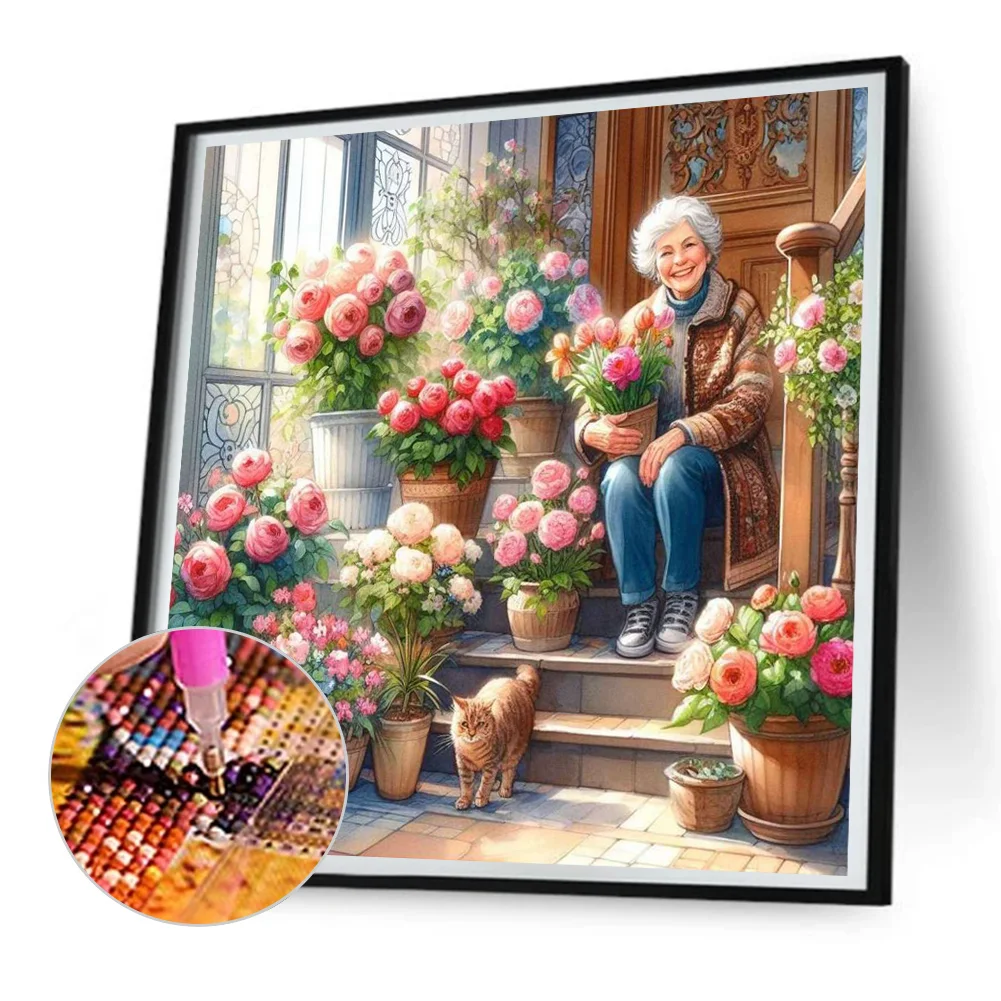 Diamond Painting - Full Round Drill - Garden Old Lady(Canvas|30*30cm)