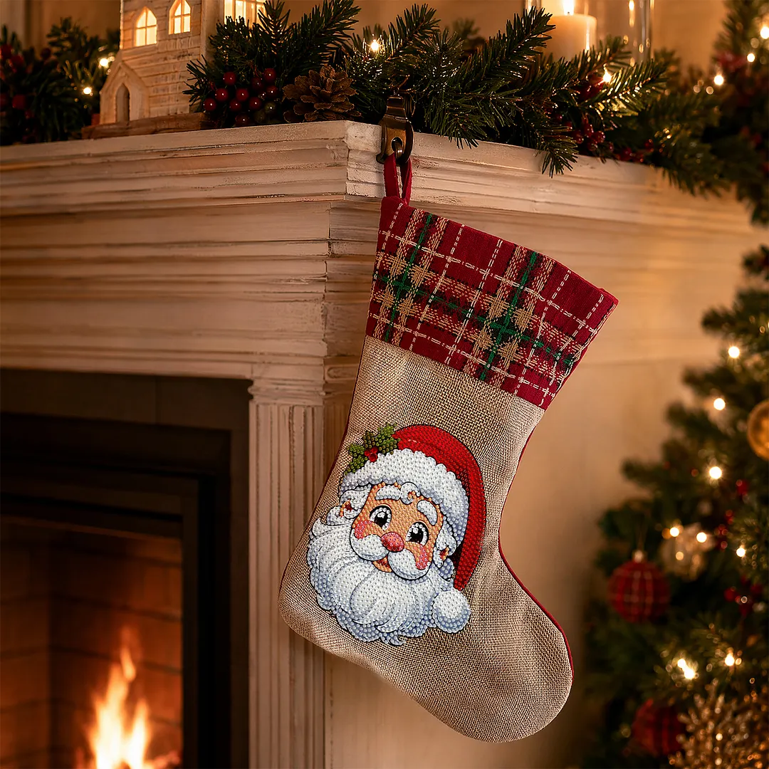 DIY Diamond Painting Christmas Stockings Hanging Ornaments Large Capacity Xmas Socks Pendant Wear Resist Candy Gift Storage Bags for Family Christmas Holiday Party Decoration (Santa Claus head)