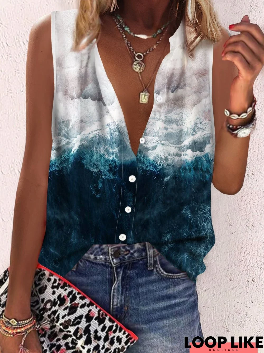 Vacation Landscape Print Casual Loosen Buttoned V Neck Short Sleeve Blouse