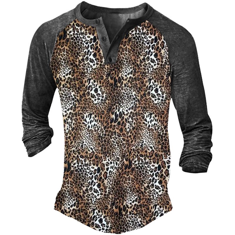 Men's Leopard Print Henley Collar T Shirt-Compassnice®