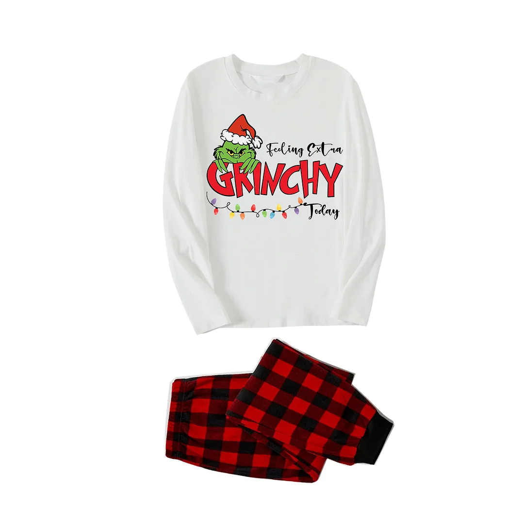 Christmas Green Cartoon Pettern And Red Letter Pattern Print White Top And Red & Black Plaid Pants Family Matching Pajamas
