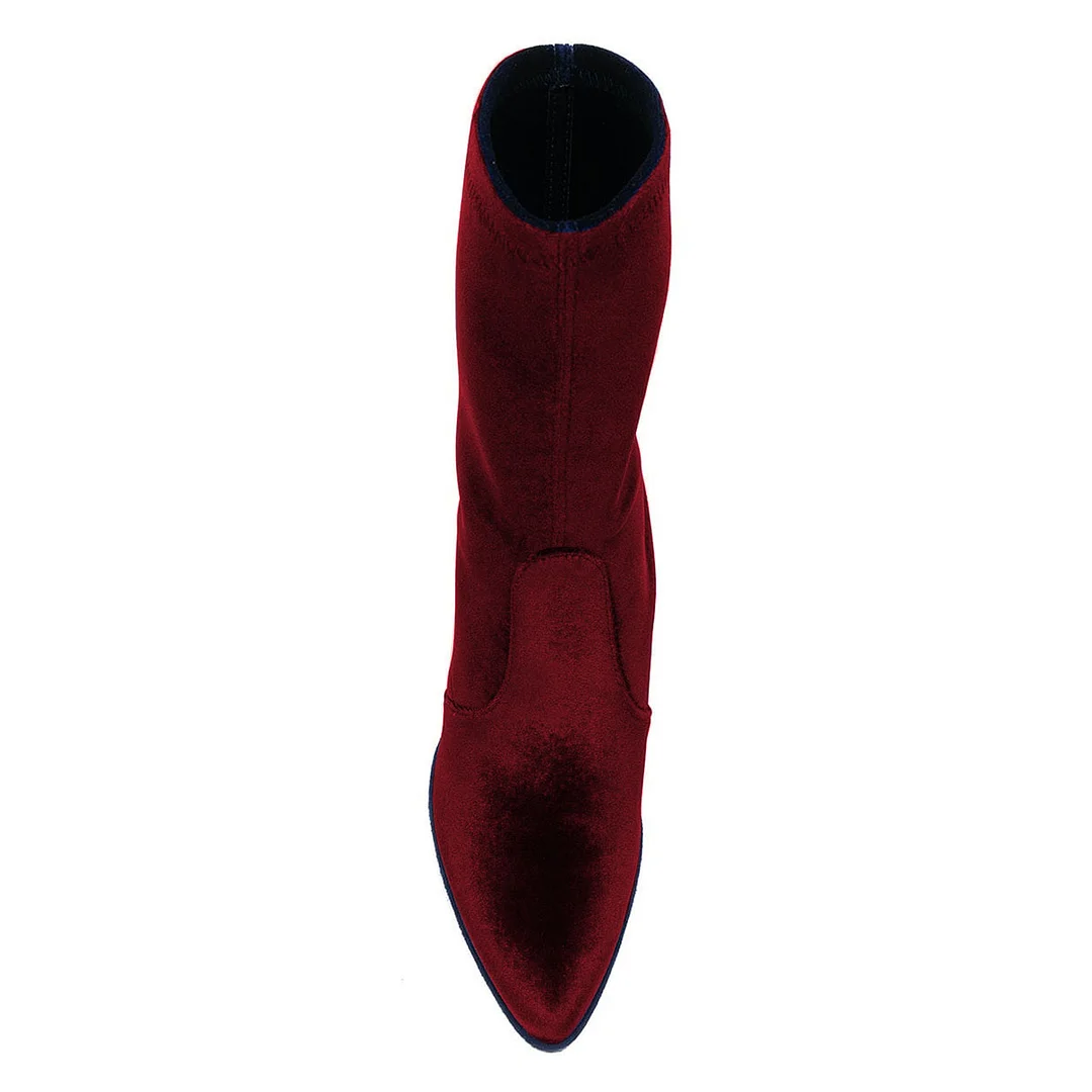 Chic Maroon Velvet Pointed Toe Chunky Heel Ankle Boots