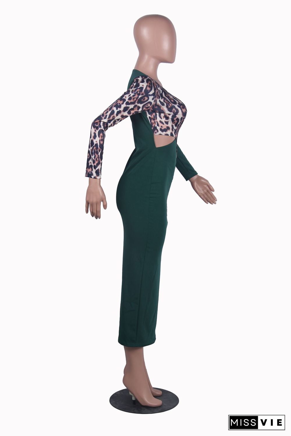 Leopard Patchwork Long Sleeve Cut Out Sexy Dresses