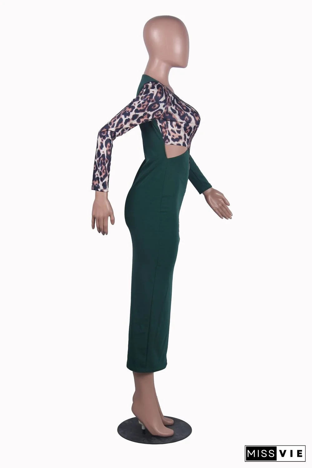 Leopard Patchwork Long Sleeve Cut Out Sexy Dresses