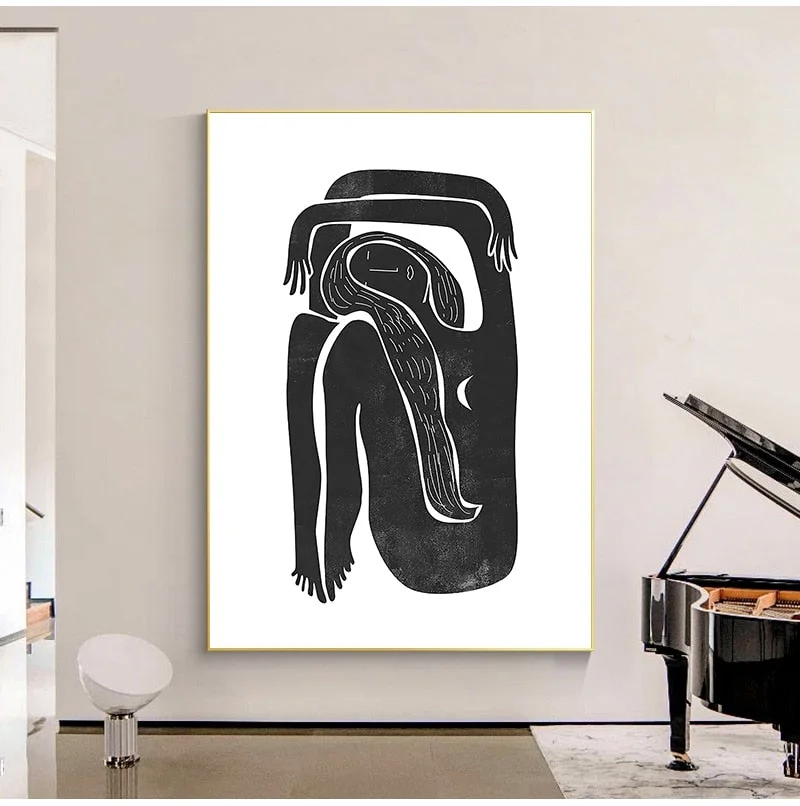 Black and White Minimalist Female Portrait Painting Mid century Moon Posters Boho Art Print Canvas Picture Home Wall Art Decor