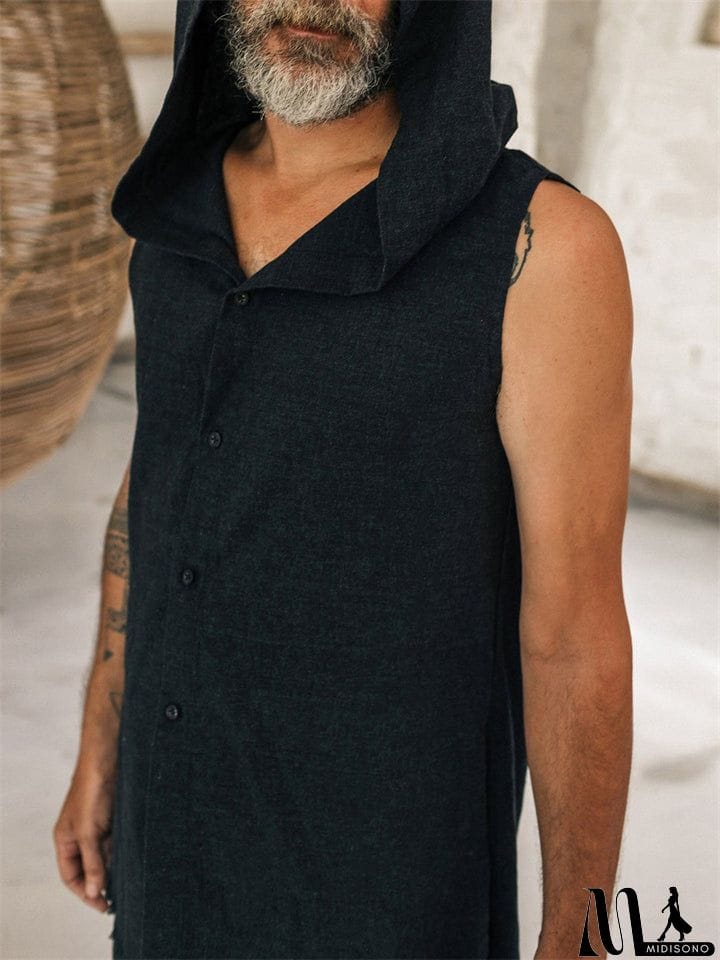 MidiSono - Relaxed Raw Edge Side Slit Linen Cotton Hoodie Mens