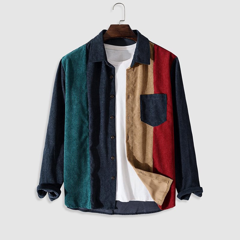 Colorblock Front Pocket Corduroy Long Sleeves Shirt