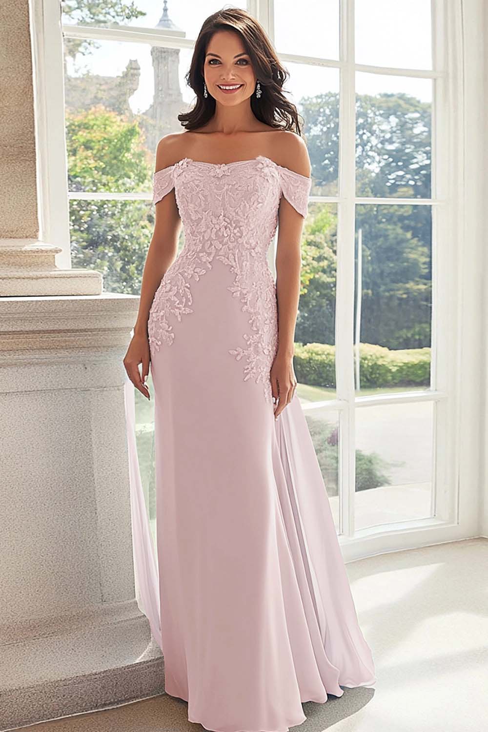 Daisda Chiffon Off-The-Shoulder Strapless Long Sheath Mother Of The Bride Dress With Appliques