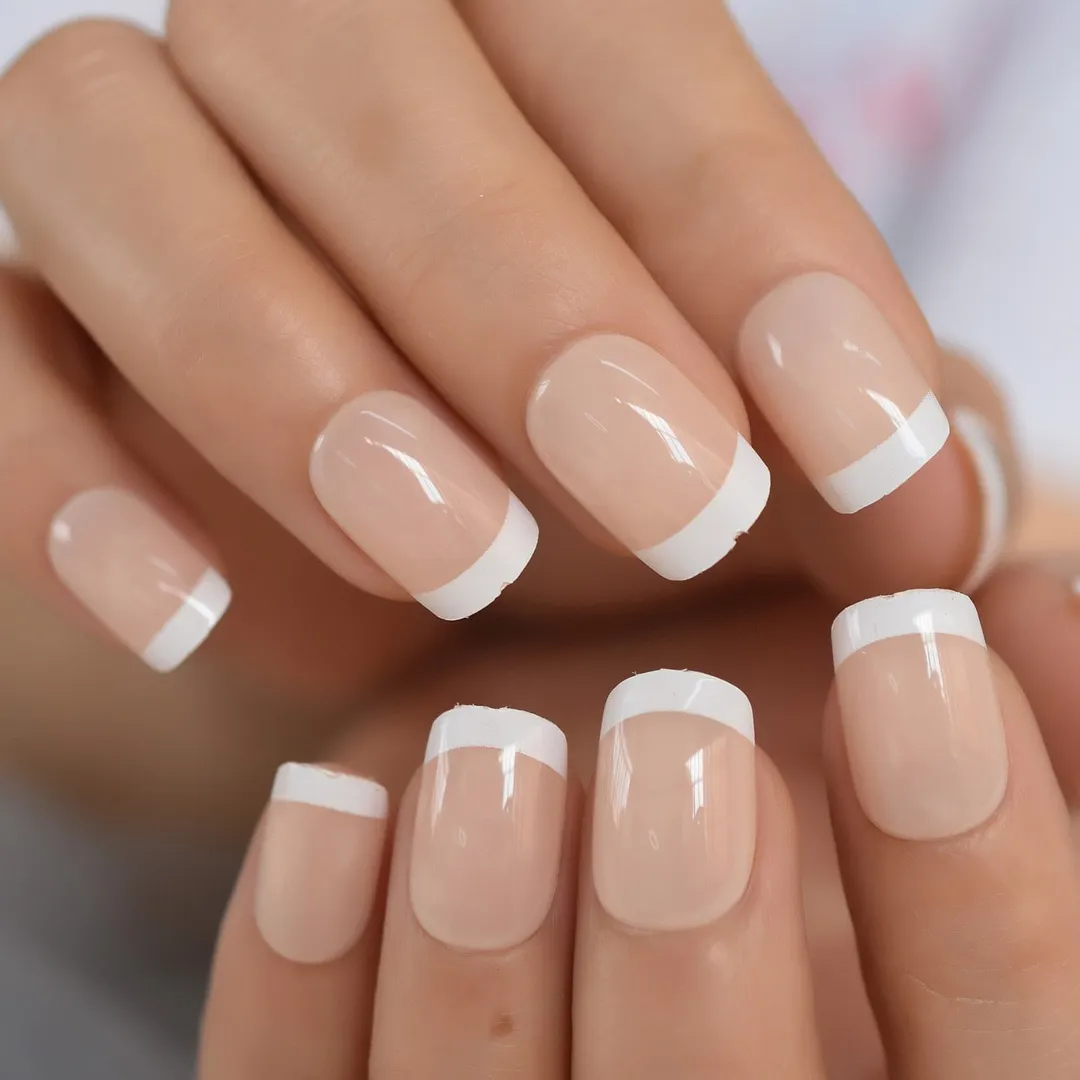 Iridescent White Instant French Nails Glitter Beveled Clear Short Square Fake Nail Art Tips Many Choice 24 Count 515-3-Nail Inspo