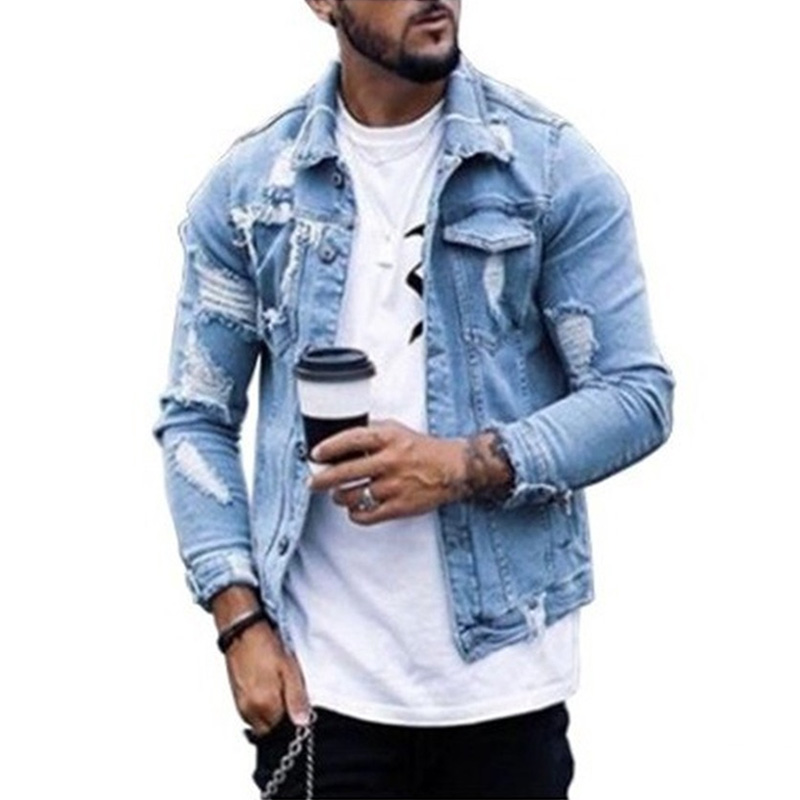 Men's Long Sleeve Holes Denim Ripped Jackets-VESSFUL