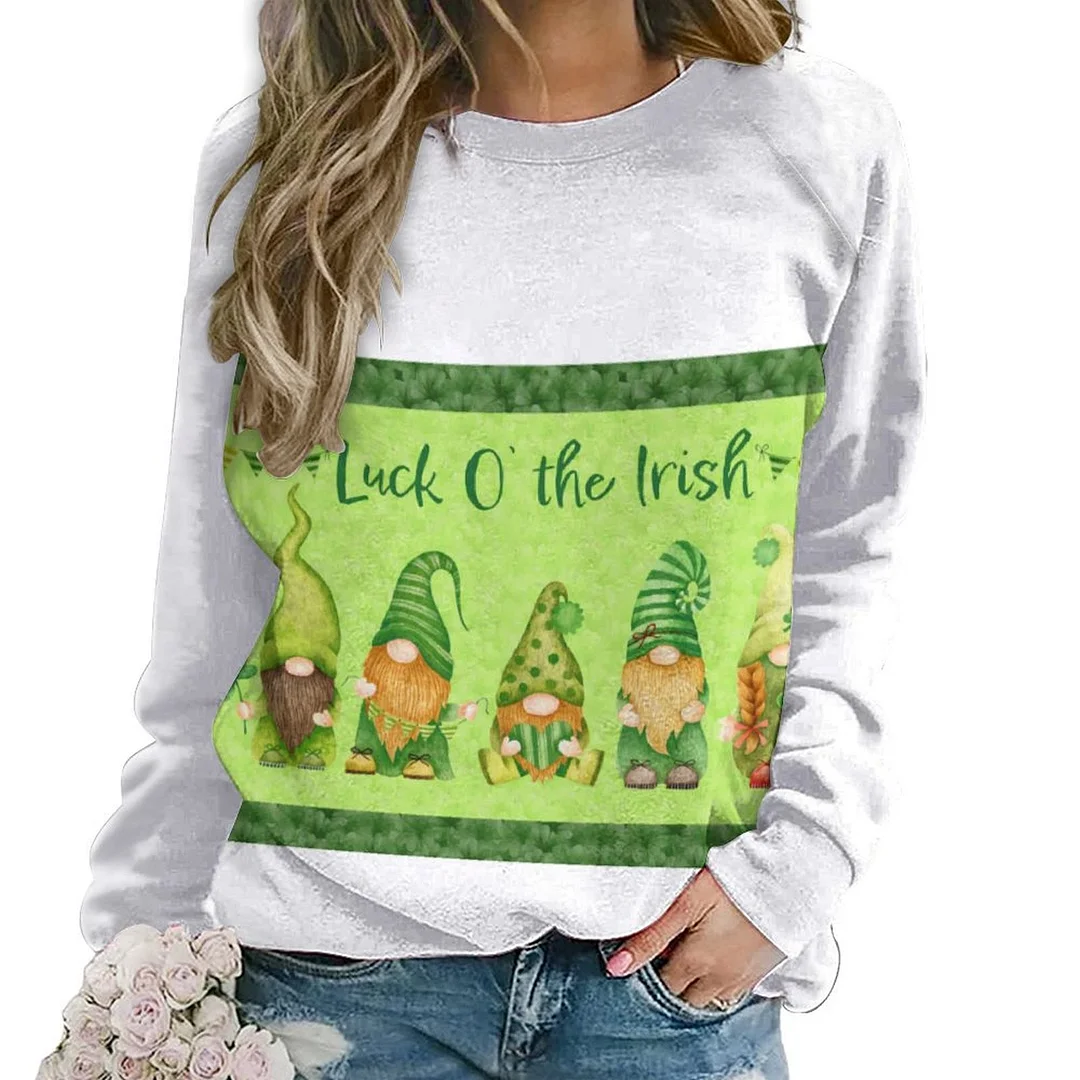 Printed Long Sleeve Casual Sweatshirt for  Women and Men Unisex Pattern St. Patrick's Day, Green, Clover, Lucky