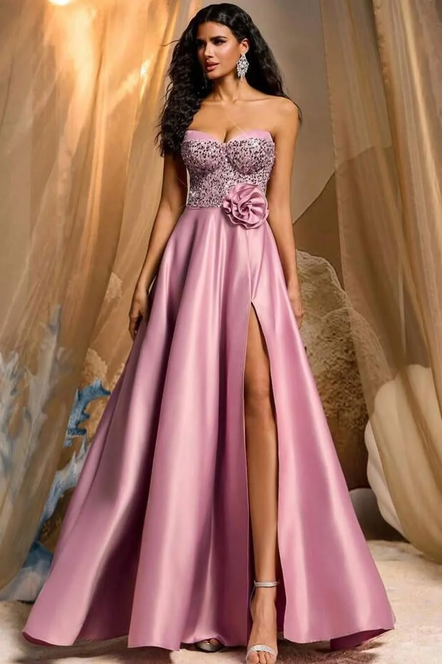 Miabel Beautiful Dusty Rose Satin Sleeveless Sweetheart Strapless Split Prom Dress with Sequins 