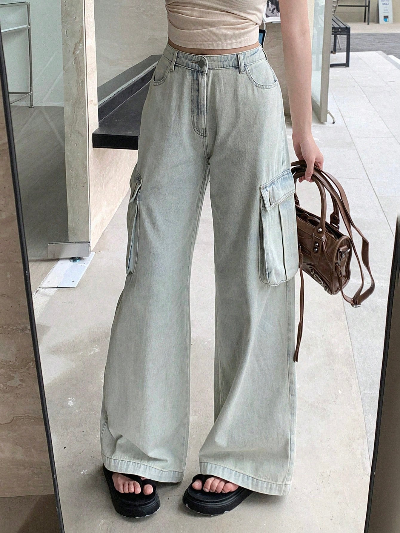 OLCooL Women Fashionable High Waisted Wide Leg Denim Pants With Pocket Design olcool