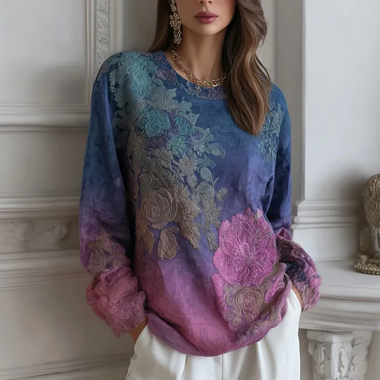 Women's Floral Embroidered Round Neck Comfortable Top