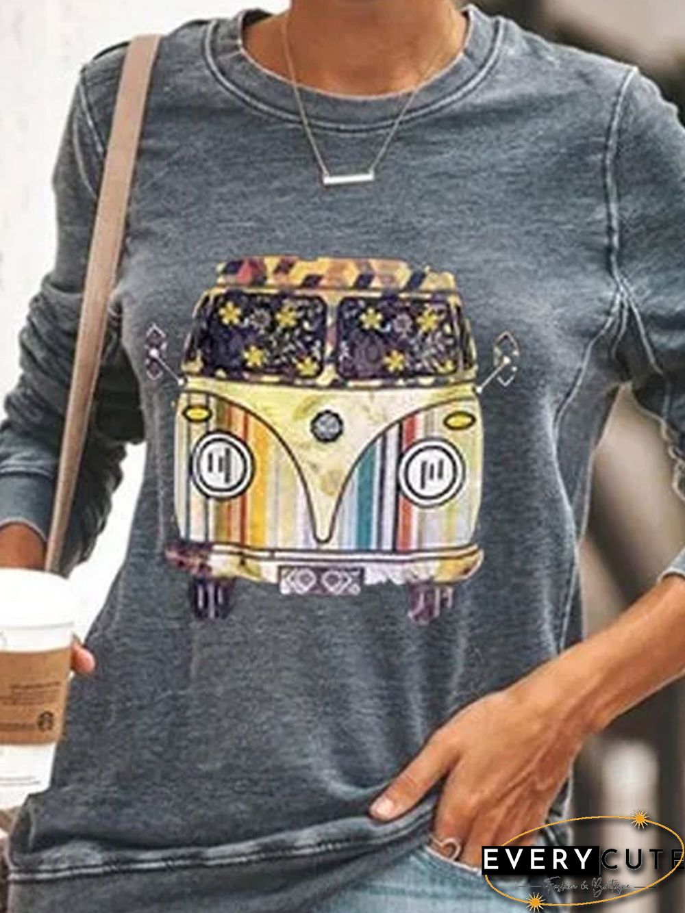 Gray Printed Casual Round Neck Cotton Tops