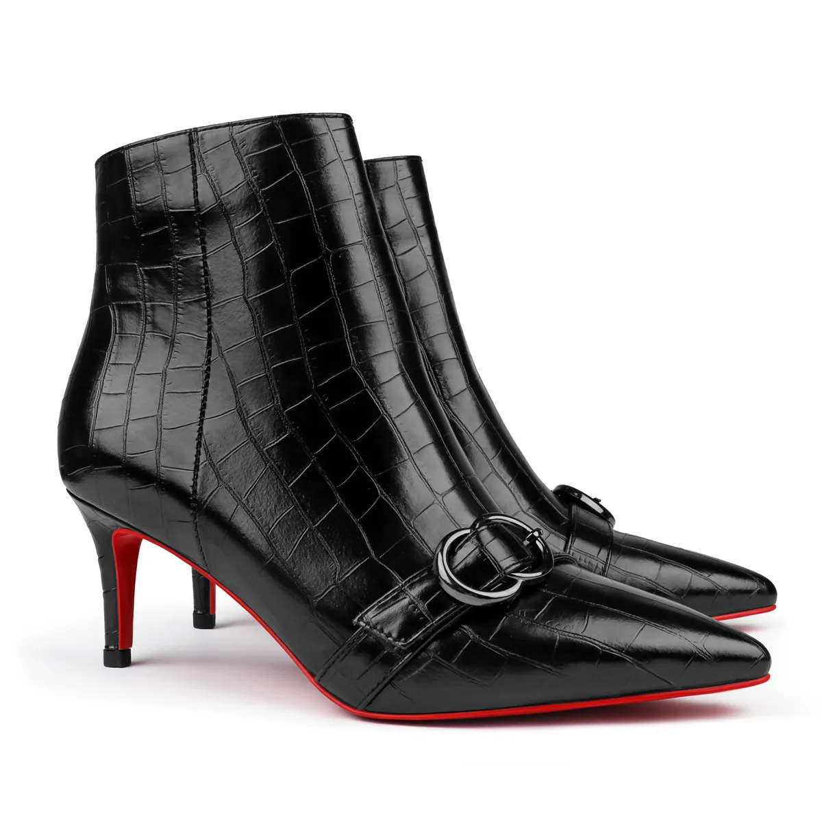 60mm Women's Pointed Toe Croc Pattern Kitten Heel Single Strap Red Bottom Booties-vocosishoes