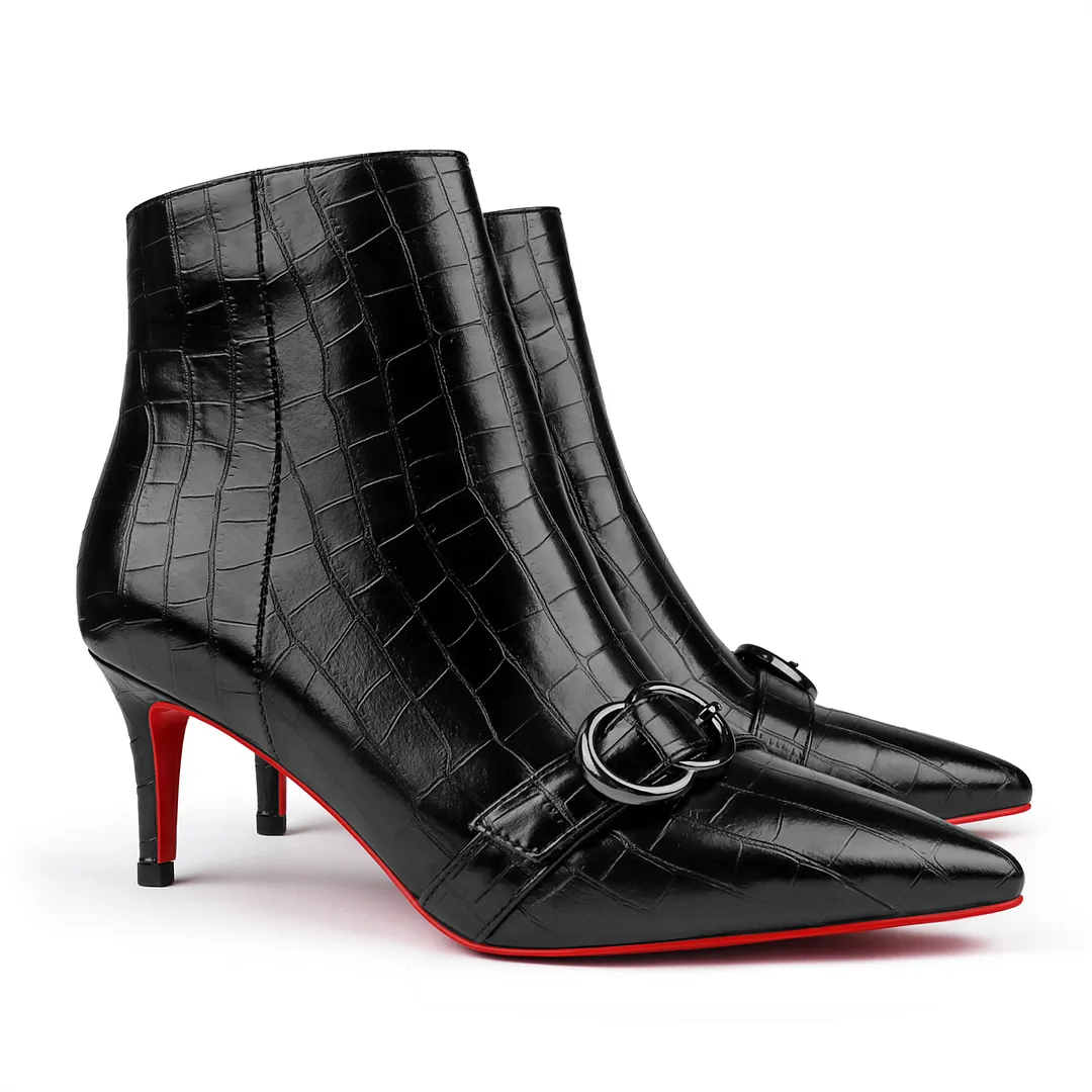 60mm Women's Pointed Toe Croc Pattern Kitten Heel Single Strap Red Bottom Booties-vocosishoes