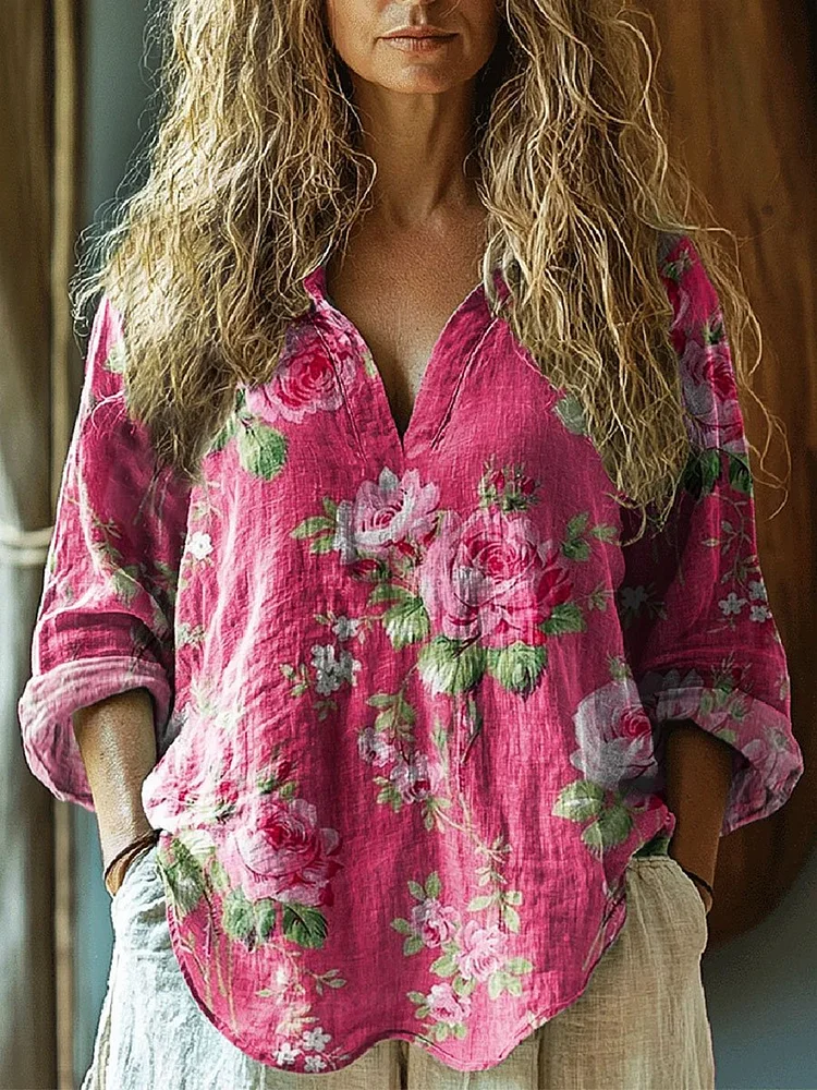 Women's Vintage  Flowers Art Print Casual Linen V-neck Shirt