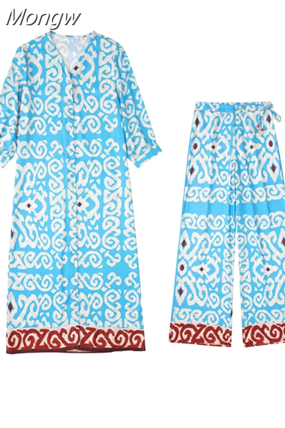 Mongw Lady Casual Set 2023 Female Vintage Temperament V-neck Printed Tunic Midi Dress+belted High Waist Straight Wide Leg Pants