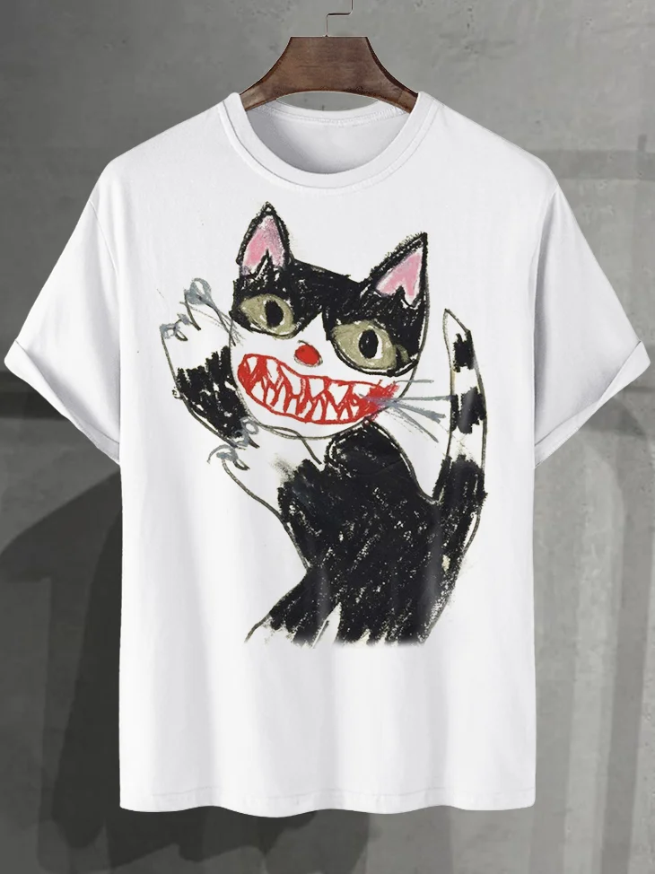 100% Cotton Men's Horror Cat Crayon Art Print Cotton Casual T-Shirt