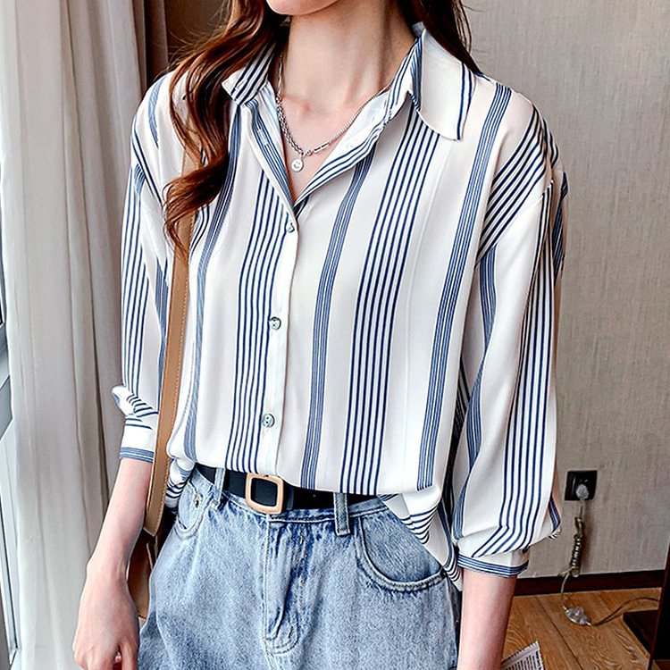White Striped Casual Printed Shift Shirts & Tops QueenFunky