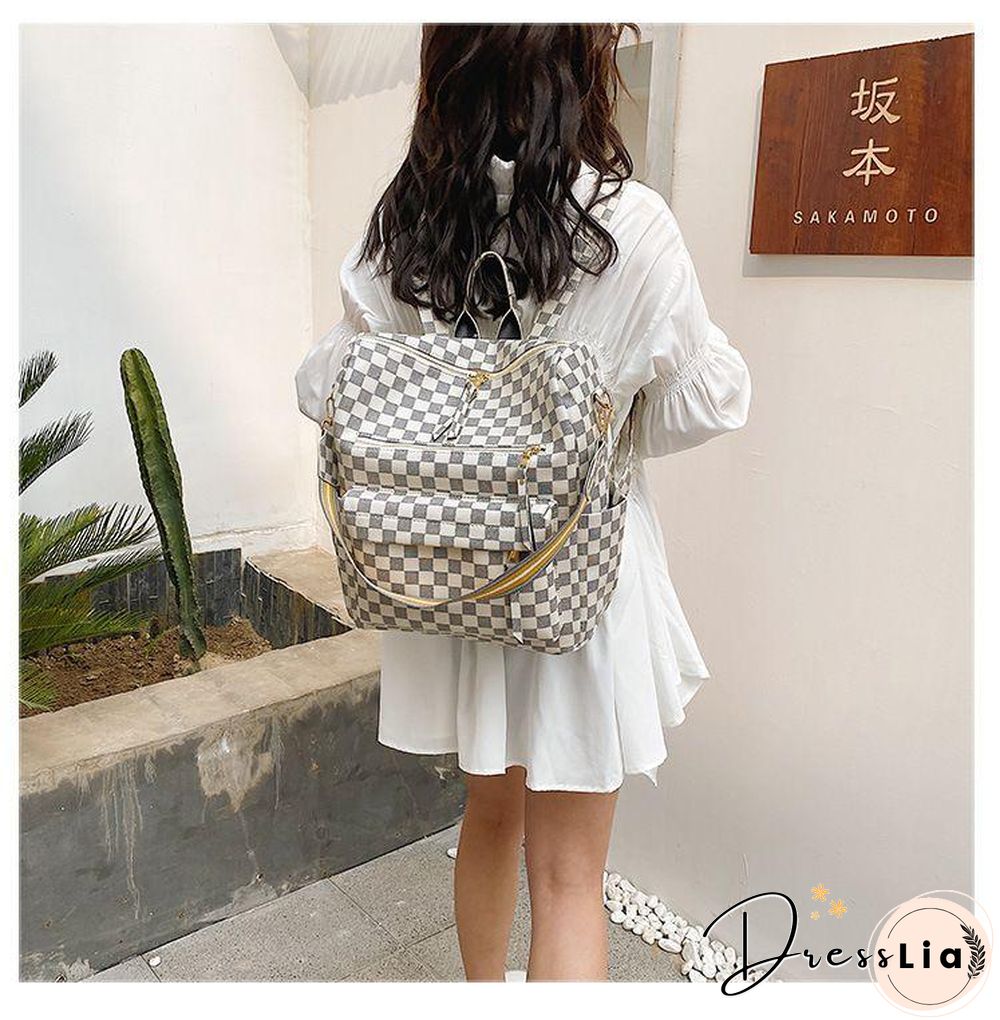 Retro Faux Leather Check Pattern Print Rucksack Vegan Backpack Tote