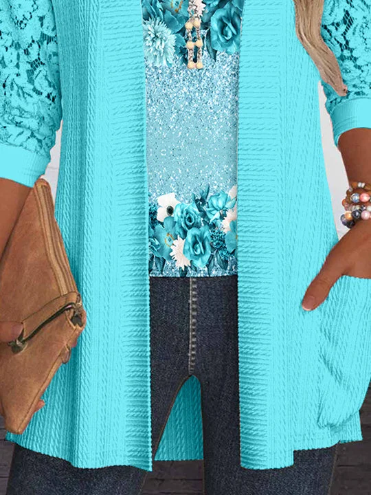 Women Long Sleeve Scoop Neck Floral Printed Printed Graphic Pockets Lace Two-Pieced Tops