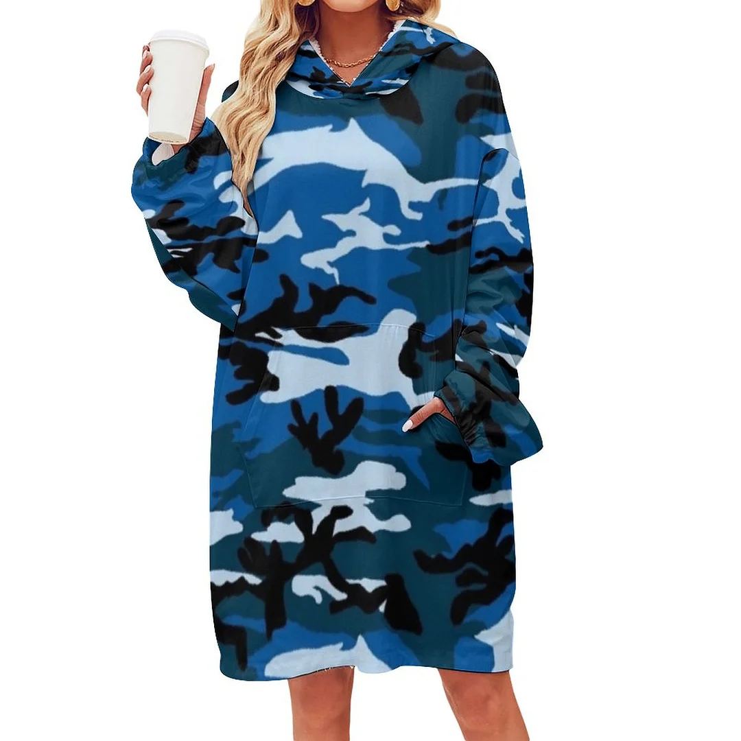 Blue Camo Oversized Sherpa Fleece Sweatshirt Blanket Hoodie Warm Cozy Wearable Tops with Pocket