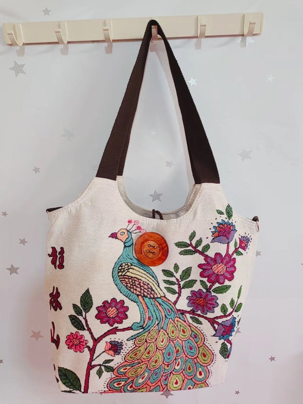 Women’s Large Canvas Elephant Ethnic Style Square Zipper Shoulder Bag