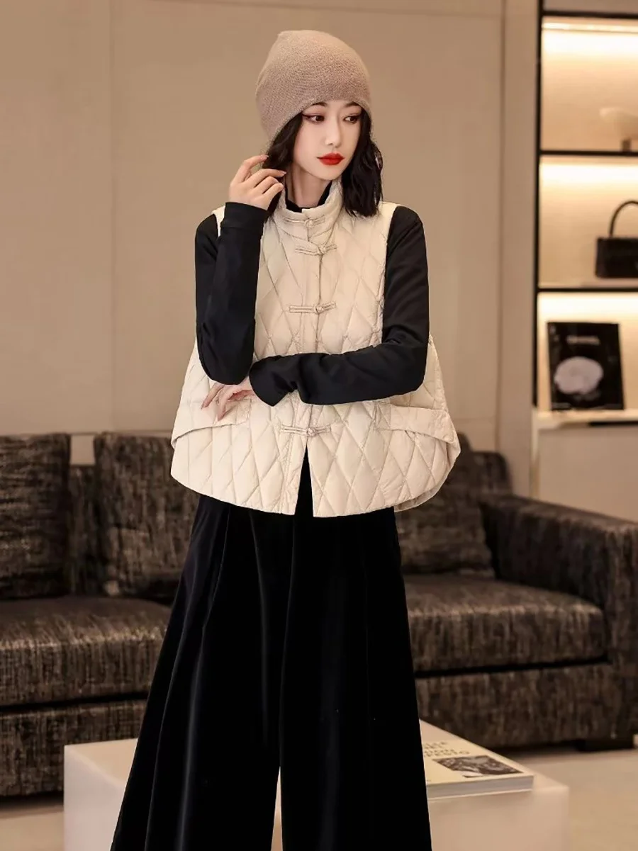 Woherb New Chinese Style Dish Buckle White Duck Down Down Vest Female Wear Winter New Fashion Diamond Large Size Vest Down Liner-Outfit Ideas